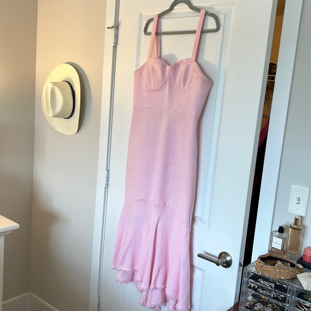 Zara Pink Textured Midi Dress with Fitted Bust